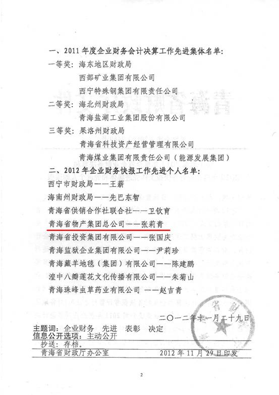 物產(chǎn)集團(tuán)榮獲2011年度財(cái)務(wù)決算先進(jìn)單位、2012年度財(cái)務(wù)快報(bào)工作先進(jìn)個(gè)人表彰